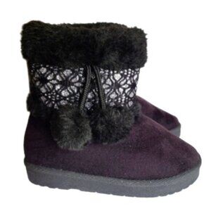 Adorable Child Girls Pom Pom Black Faux Suede Fur Fall Winter Snow Boots Size 9
